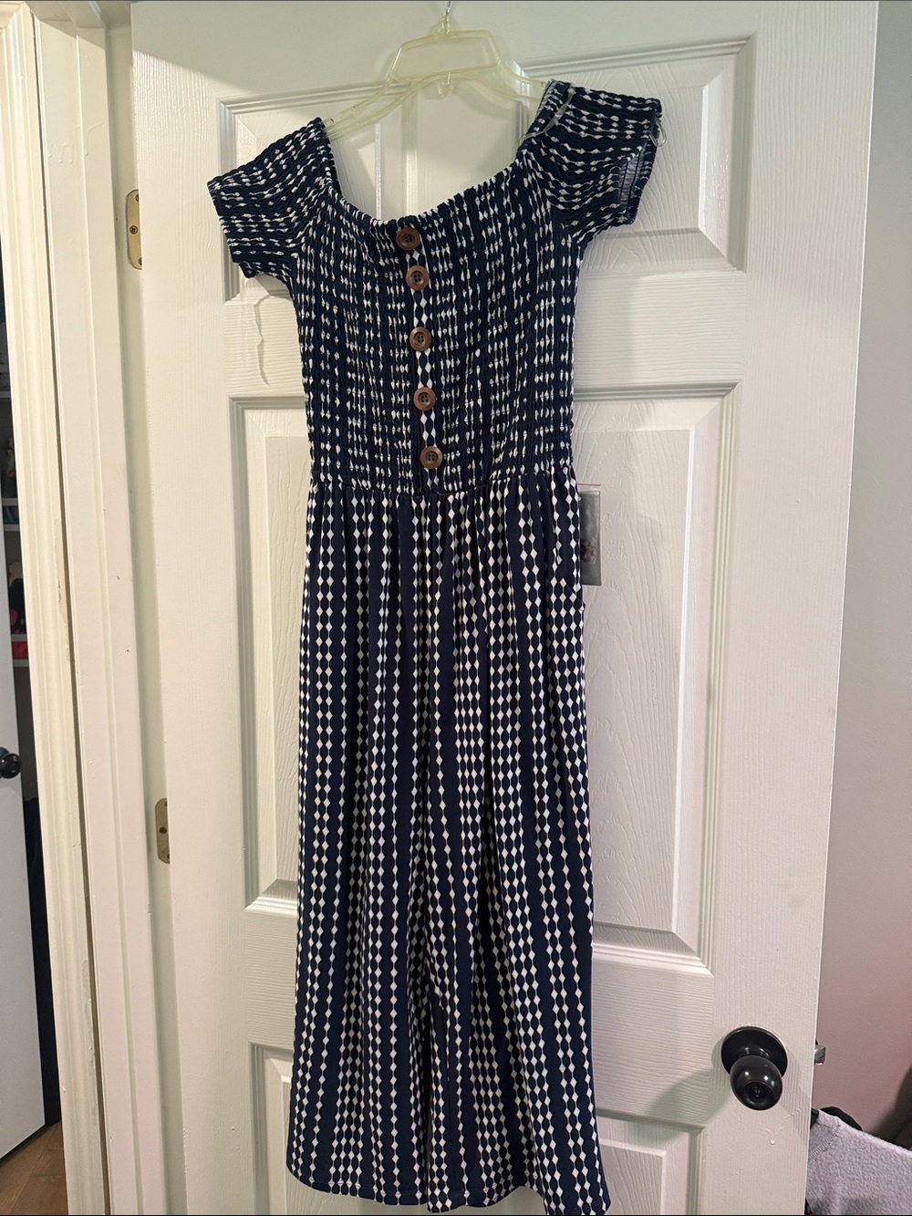 Off-Shoulder Navy and White Cropped Jumpsuit